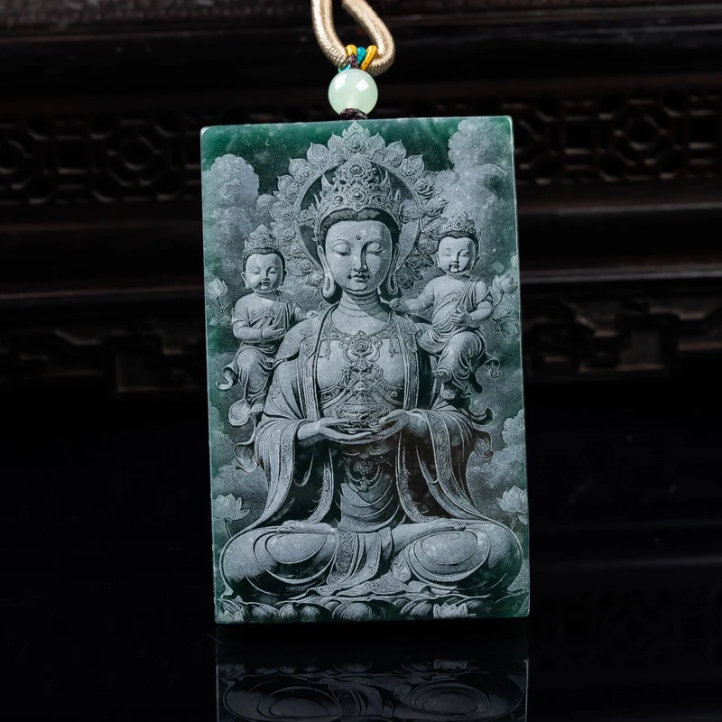 天然A货翡翠送子观音牌项链双面精工影雕龙牌首饰冰玉石吊坠挂件