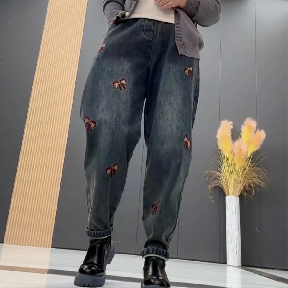 刺绣加绒加厚高腰宽松秋冬牛仔裤老爹裤休闲百搭显瘦长时尚-985