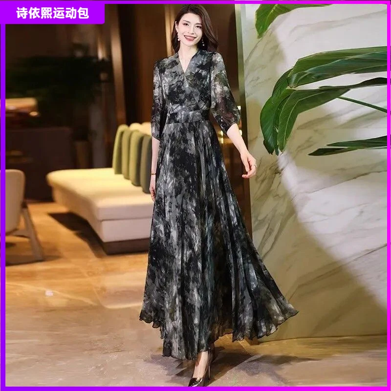 1雪纺连衣裙大摆裙7分袖大摆连衣裙修身显瘦起度假修身过膝长裙I