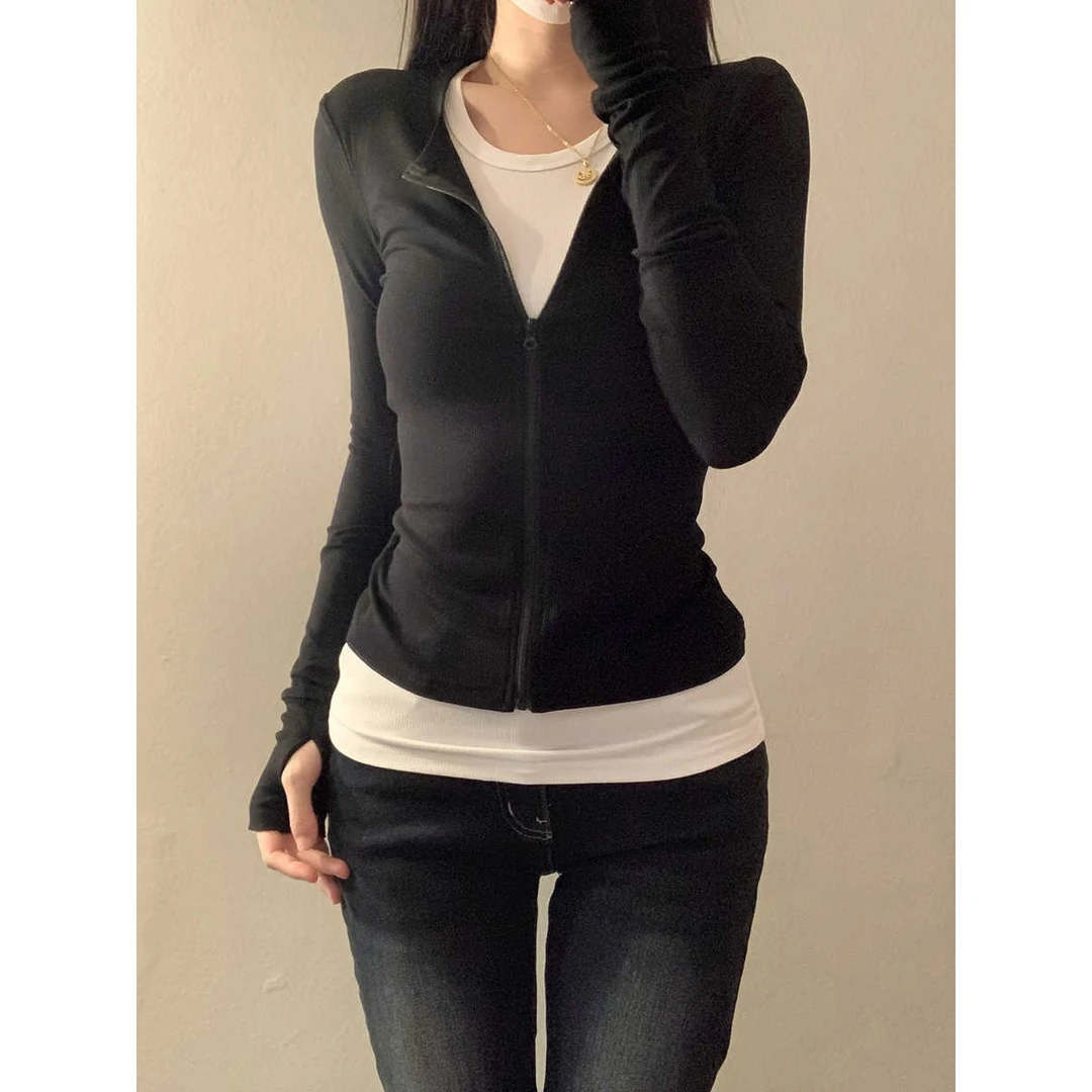 圆领长袖t恤女内搭打底衫春秋季辣妹修身显瘦假两件短款外套