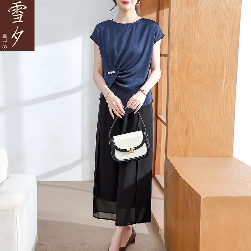 中年妈妈夏装高贵T恤小衫套装2025新款中老年女洋气阔腿裤两件套