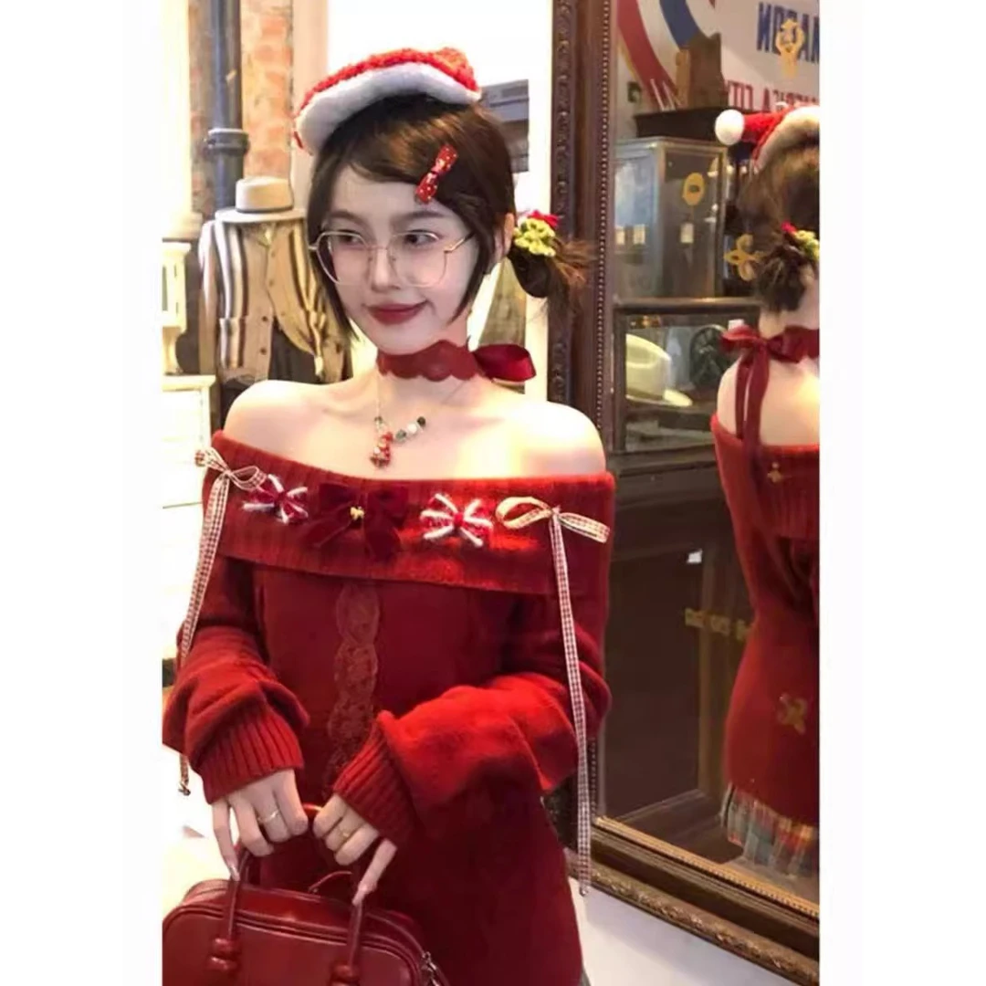 喜庆过年红色毛衣女新款秋冬加厚一字肩上衣蛇年本命年打底衫