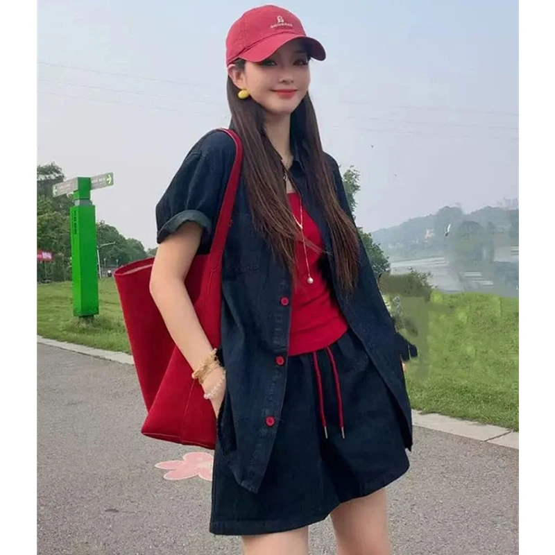 深蓝色时尚复古刺绣牛仔衬衫女2025夏季新款小个子休闲短裤两件套