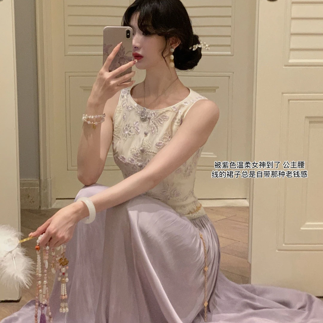 公主腰线 手工钩花刺绣度假气质连衣裙无袖背心长裙夏