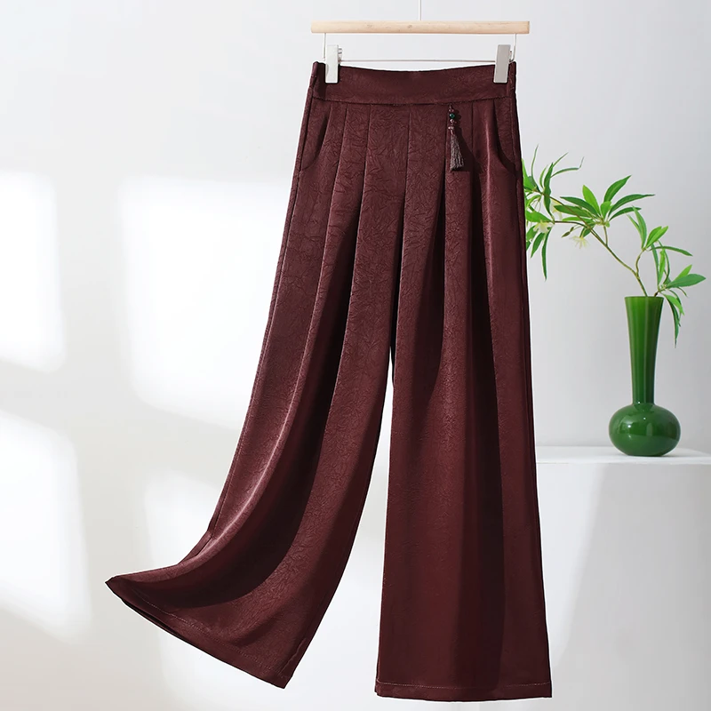 新款真丝阔腿裤女夏季高腰宽松直筒裤大码桑蚕丝舞裤中年妈妈裤子