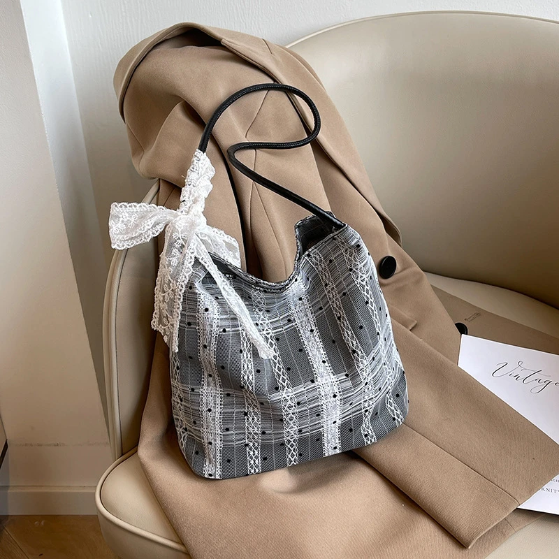 新款高颜值女款小众仙女格纹腋下包包时尚牛仔老花袋子女包手提袋