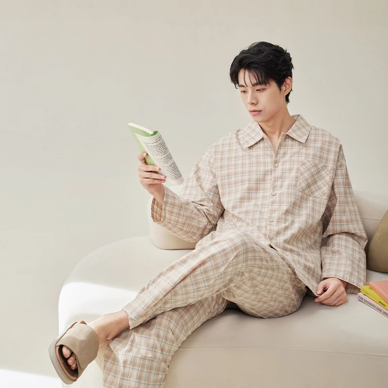 安之伴男士纯棉睡衣春秋季新款长袖格子家居服套装82511111925