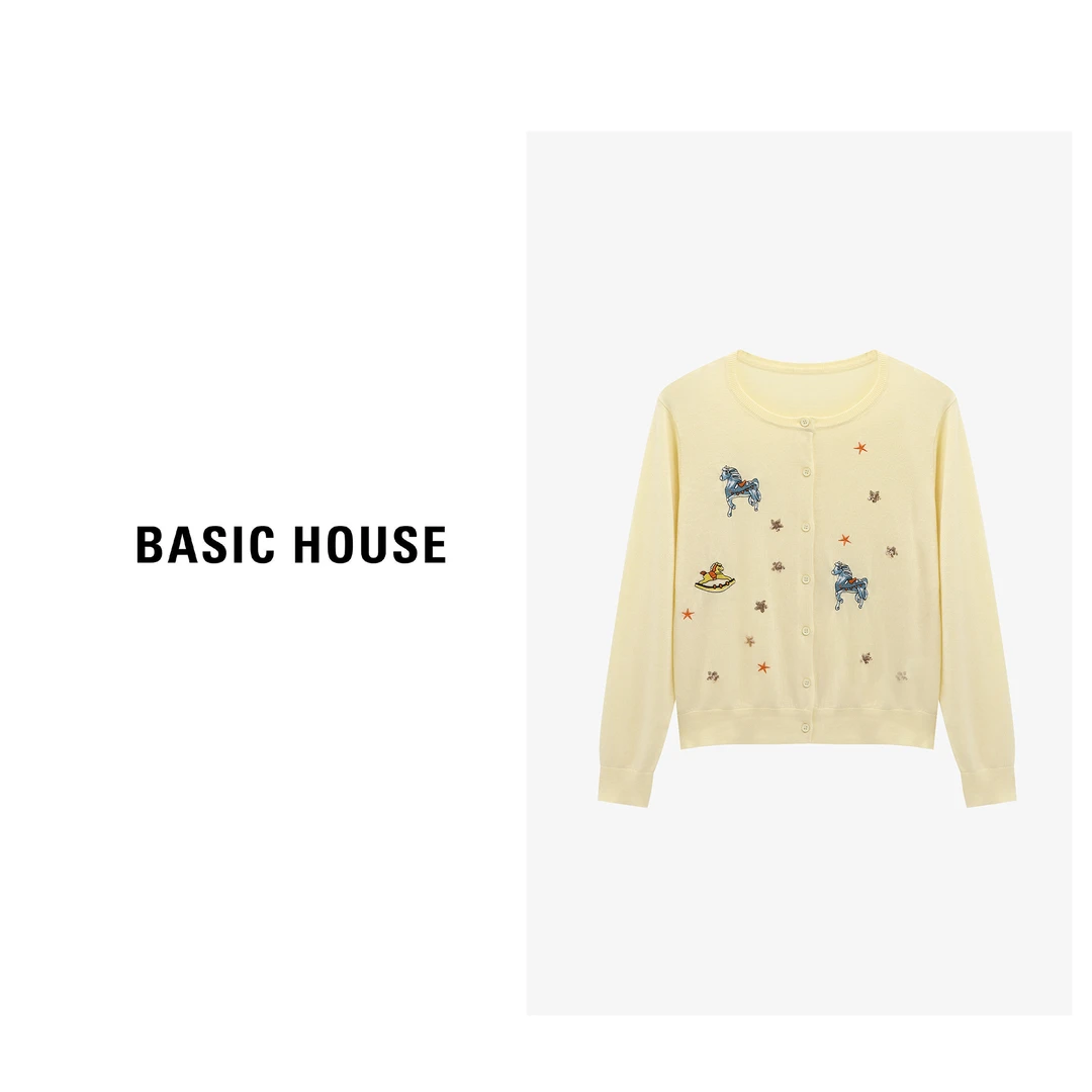 Basic House/百家好秋季新款时尚小马刺绣亮片针织衫-B0625B5IMJ2