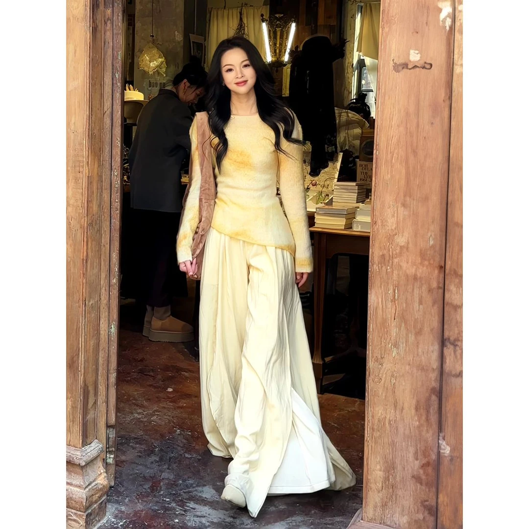 VOCKOO官方不规则扎染长袖针织衫毛衣女春季2025新款高级感阔腿裤