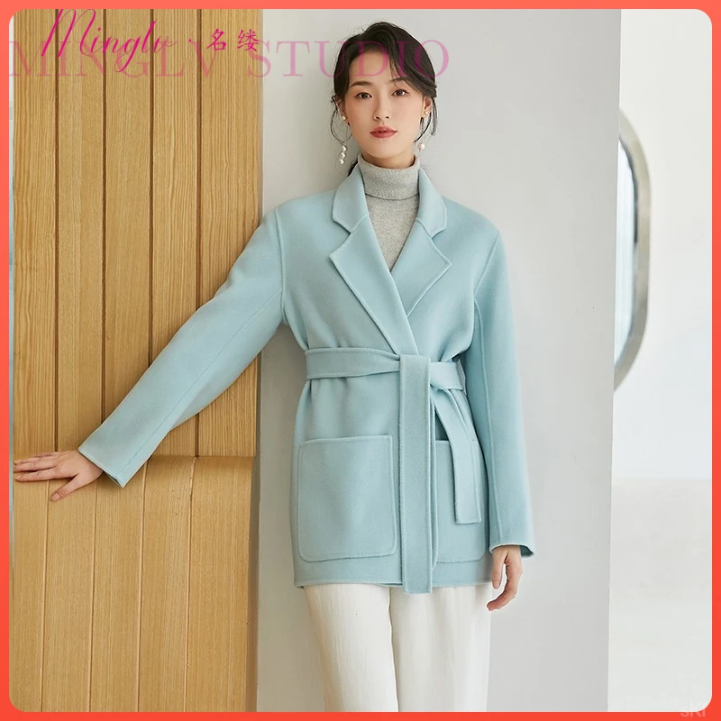 秋冬加厚双面呢大衣女职业纯轻奢短款西装毛呢外套女翻领修身