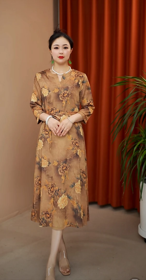 国色牡丹YJ389901时尚妈妈装中长款连衣裙