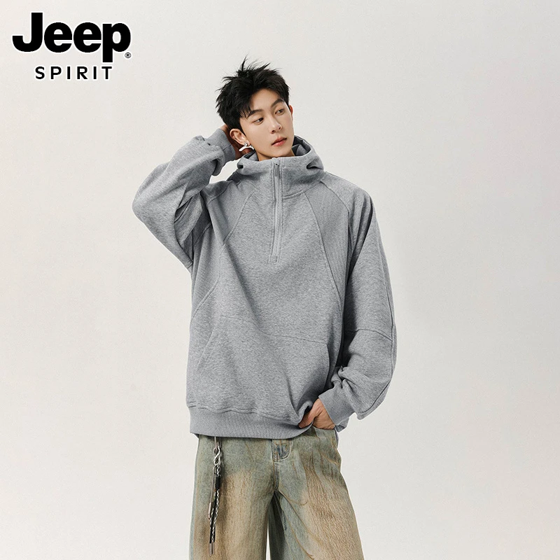 JEEPSPIRIT320g重磅连帽半拉链卫衣男秋美式高级感潮牌宽松外套