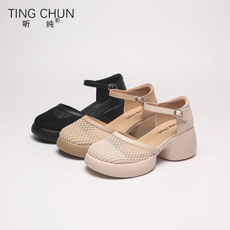 听纯【听纯手工】6CM 夏季新款圆头厚底镂空编织时尚拖鞋女 66009