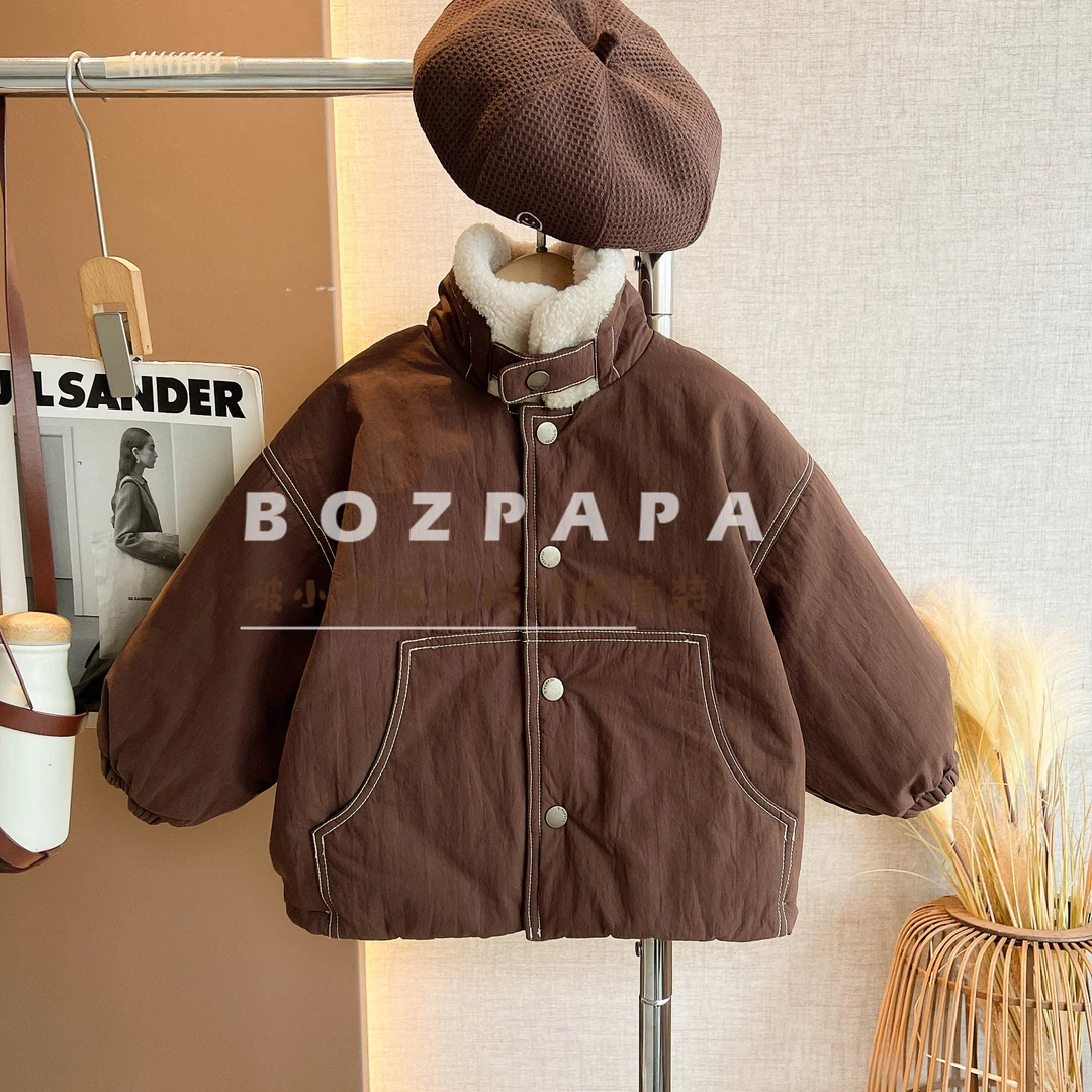 啵小爸【美好际遇】2025冬季新款男童休闲立领毛绒纽扣加绒外套