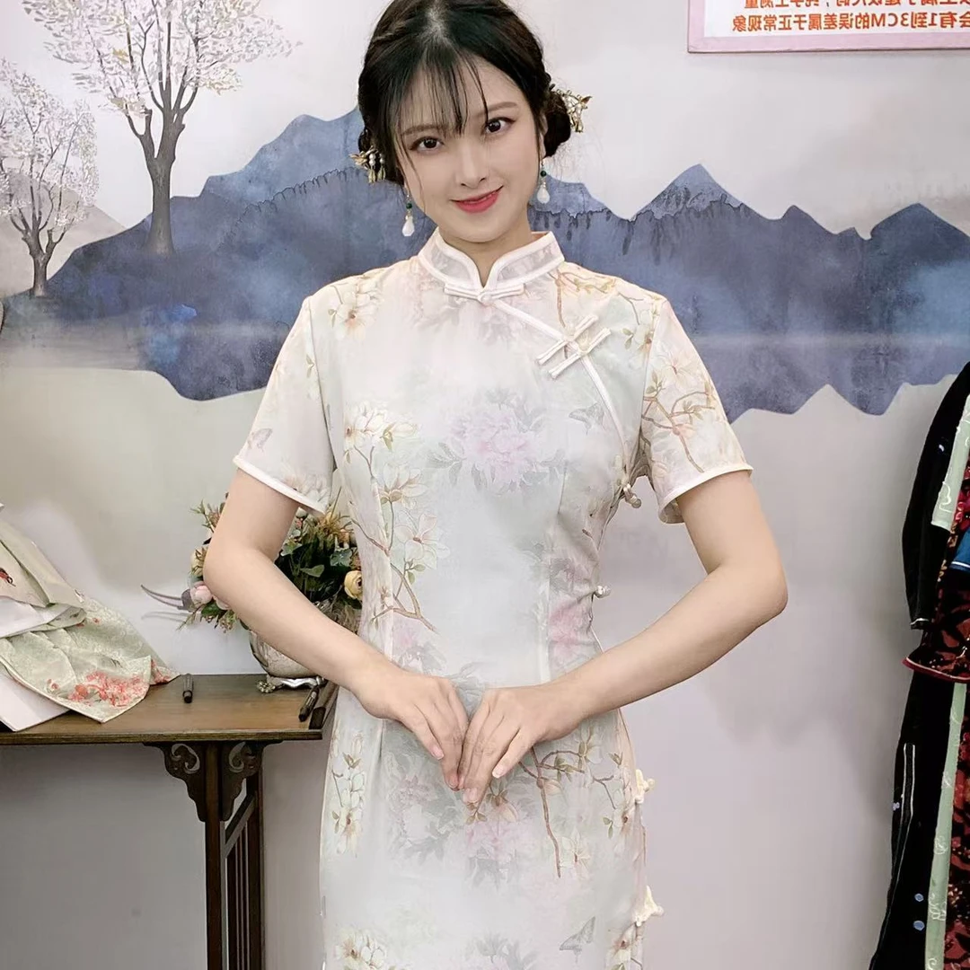 511 粉色牡丹侧八扣粉色玉兰 旗袍时尚 香槟色 气质日常