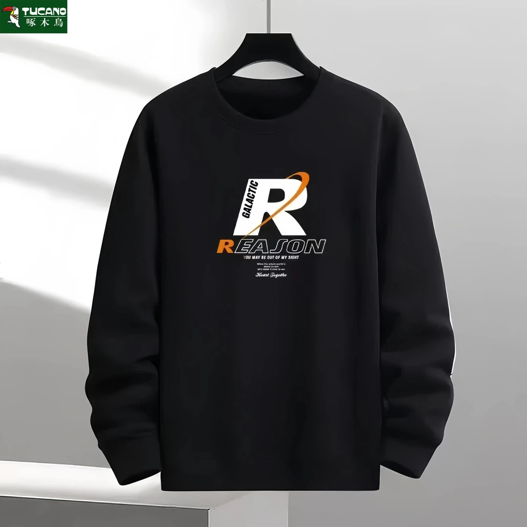 啄木鸟男长袖冬季加绒加厚圆领卫衣简约字母宽松休闲保暖打底衫