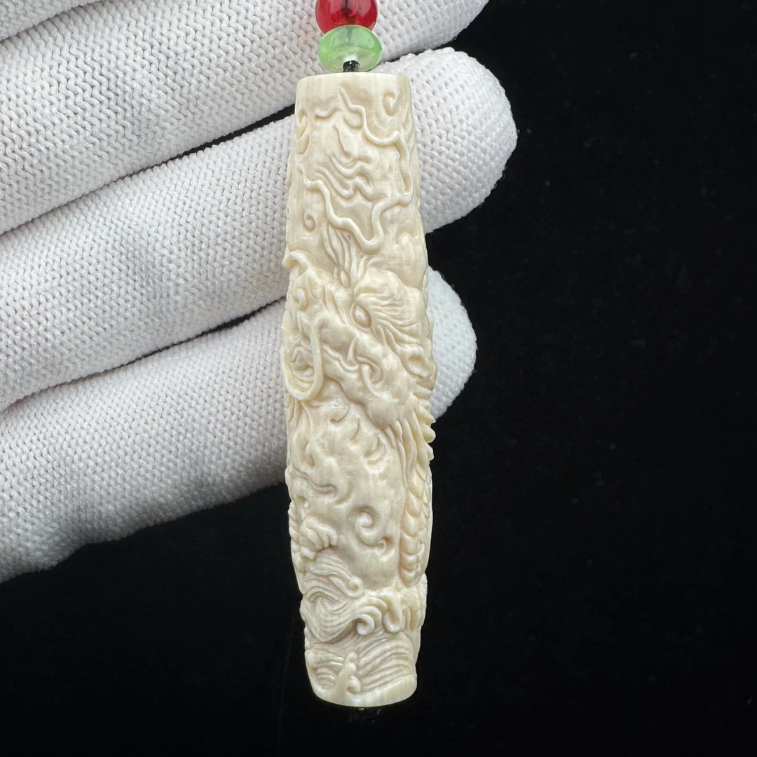 H4730 天然猛犸牙 雕刻龙柱14*58mm支持鉴定 假一罚四