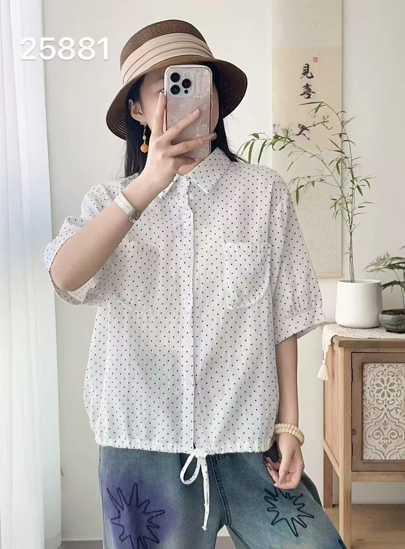 女士夏季婴儿棉衬衣小翻领薄款凉爽时尚上衣中袖25881