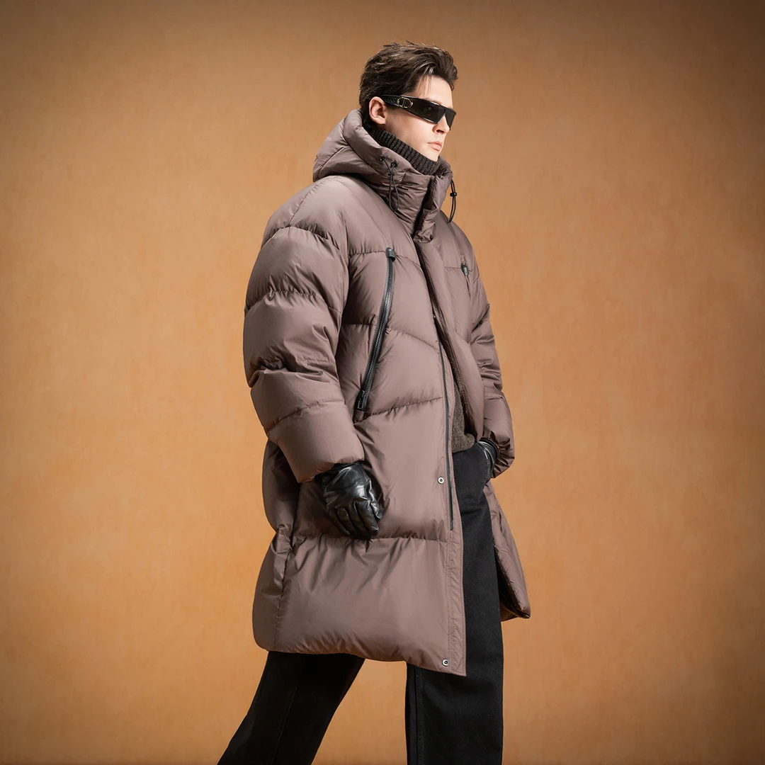 言吉冬季高端男士时尚防风连帽鸭绒外套纯色长款厚羽绒服YJJS9137