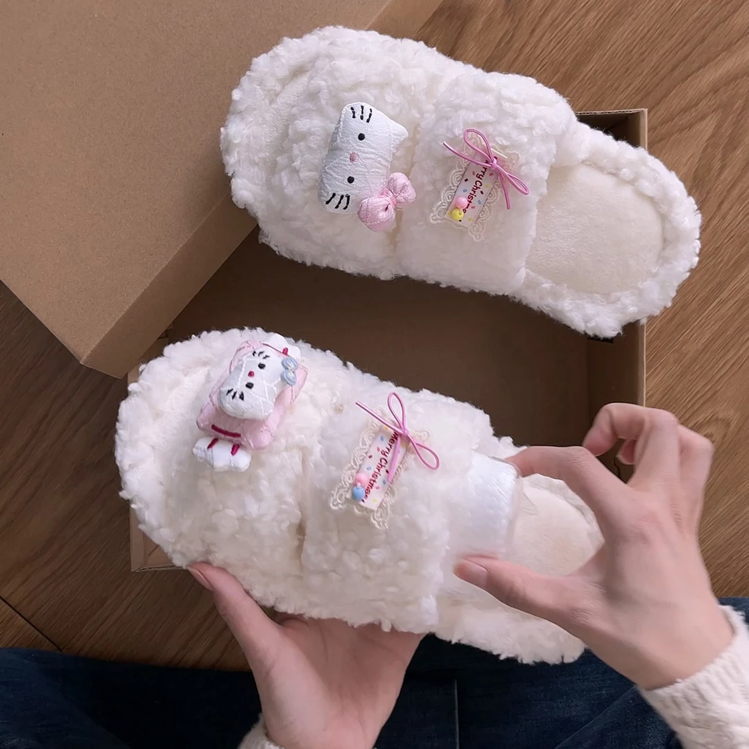 可爱少女风猫咪毛毛拖鞋女外穿2025新款秋冬季百搭舒适一字棉拖鞋
