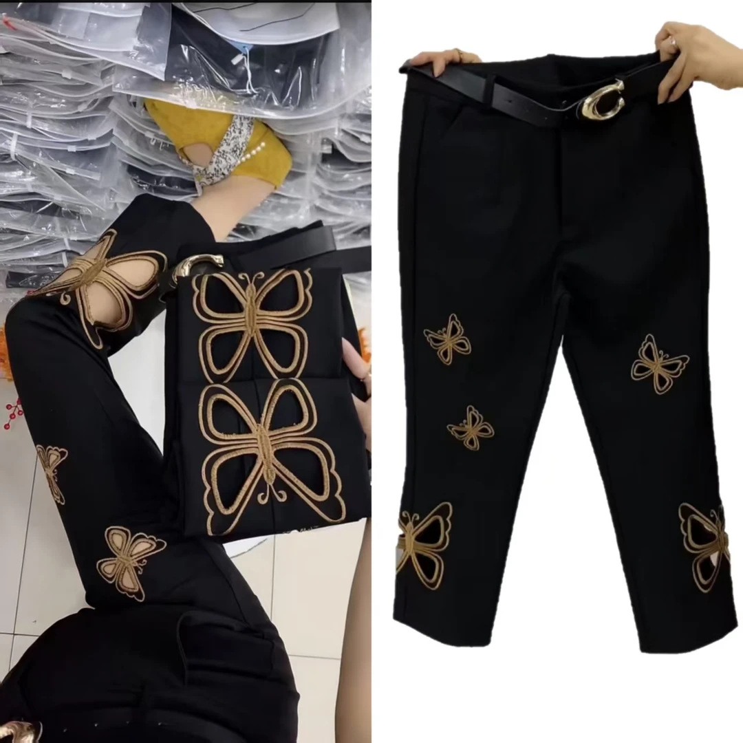 879夏季新款重工时尚蝴蝶刺绣八分烟管裤