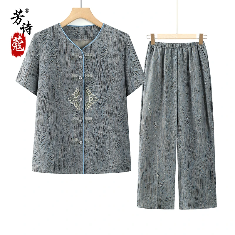 妈妈夏季短袖套装中老年人女款夏天开衫时尚衬衫两件套奶奶上衣服