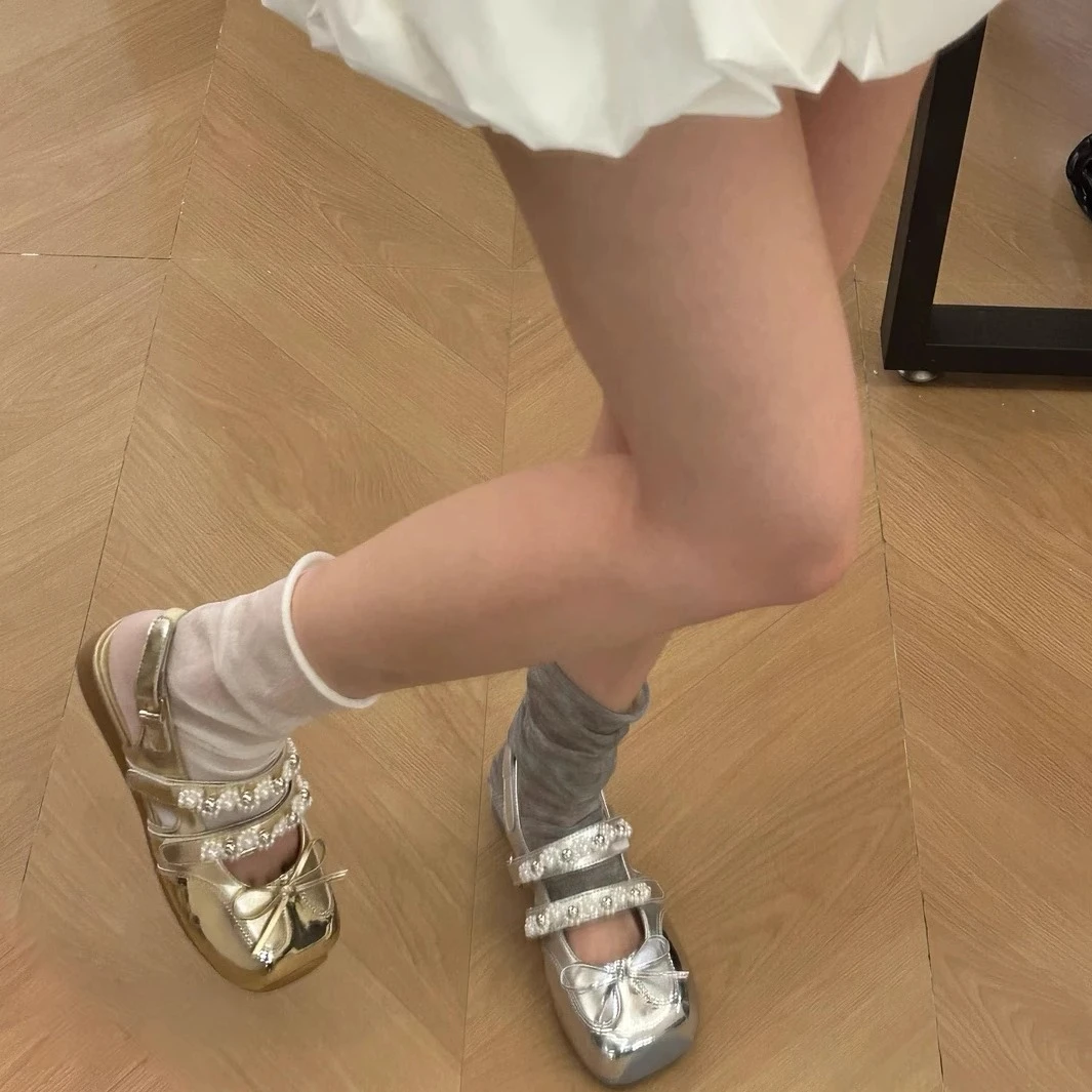 法式芭蕾梦幻平底浅口玛丽珍鞋女夏季蝴蝶结甜美后空气质包头凉鞋