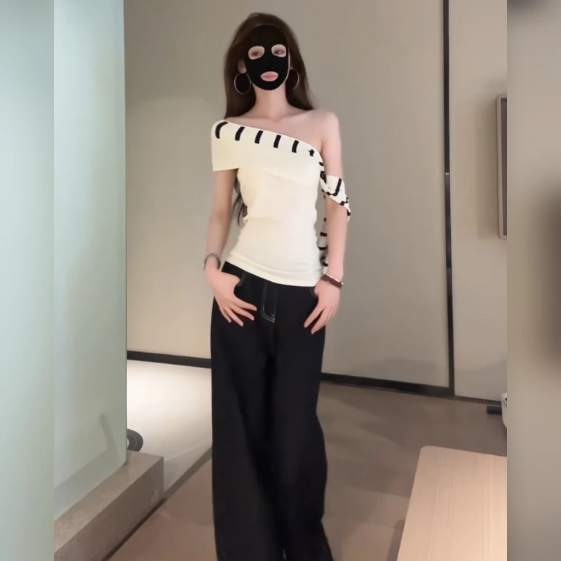 梦优莱小众条纹飘带斜领露肩短袖T恤女夏季新款修身显瘦短款上衣