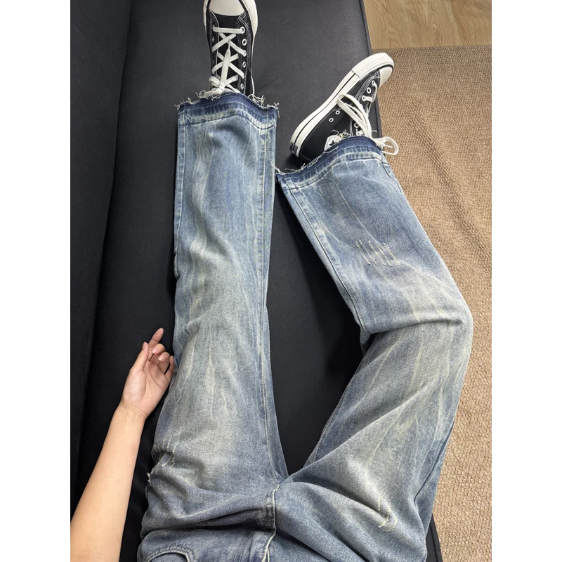 复古蓝猫爪痕水洗牛仔裤男款美式cleanfit显瘦裤子修身直筒微喇裤