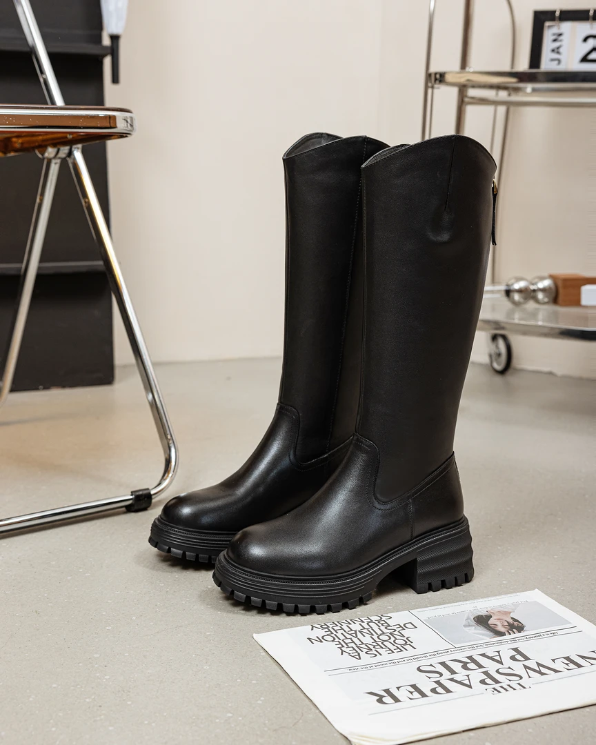 L B8X1头层牛皮圆头长筒靴骑士英伦风秋冬时尚百搭休闲显腿长