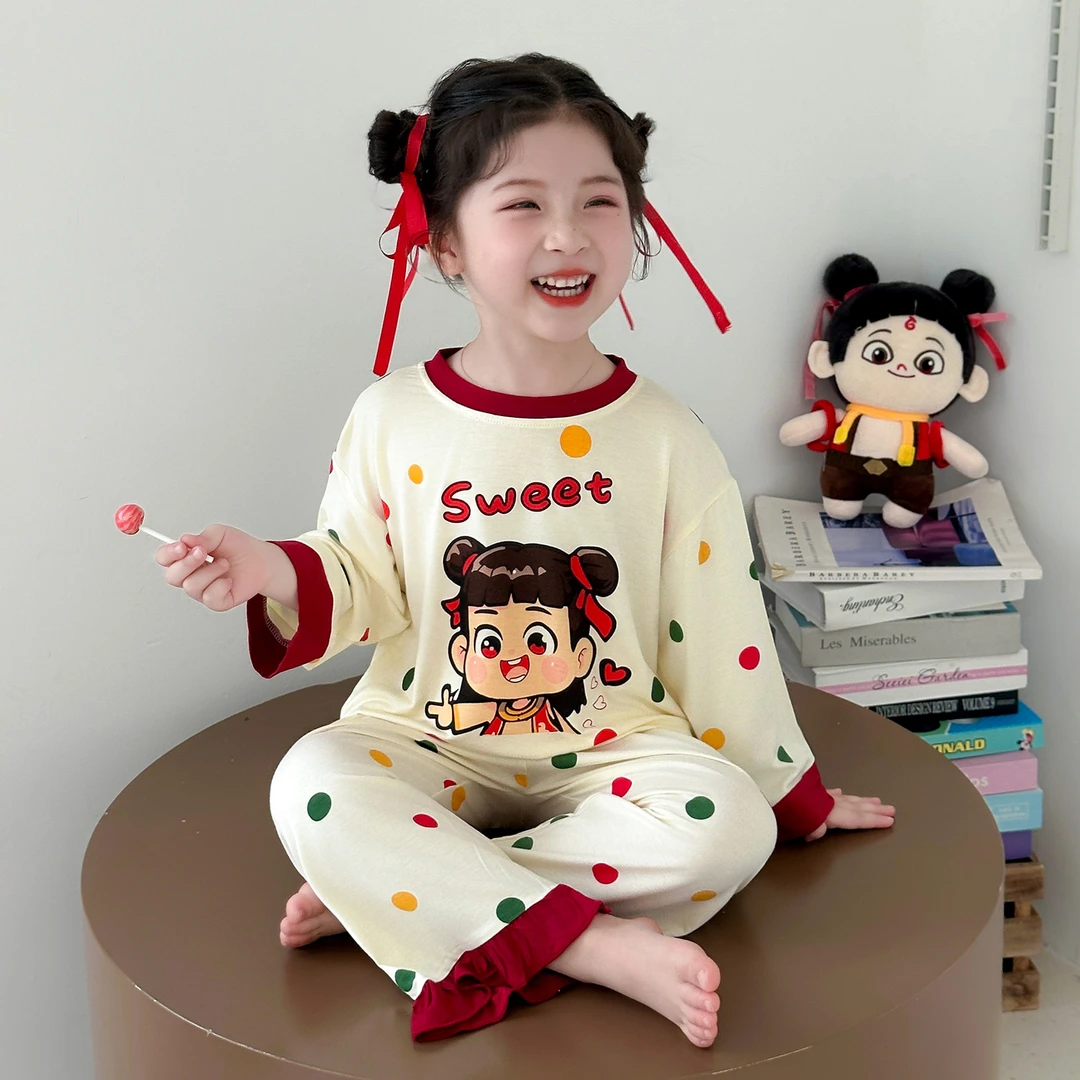 哪吒女童睡衣莫代尔秋季2025新款长袖薄款宝宝女孩儿童家居服