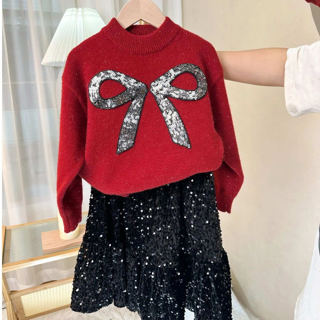 女童2025冬季新款蝴蝶结毛衣时尚半身裙儿童公主红色秋冬洋气套装