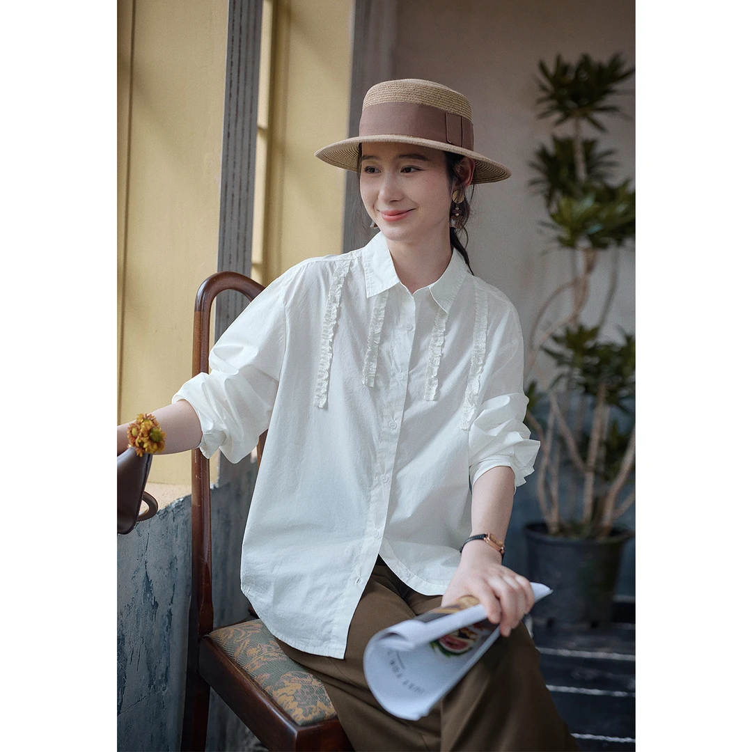 红念纯棉白色衬衫长袖宽松设计感2025秋季新款白衬衫女款高级感