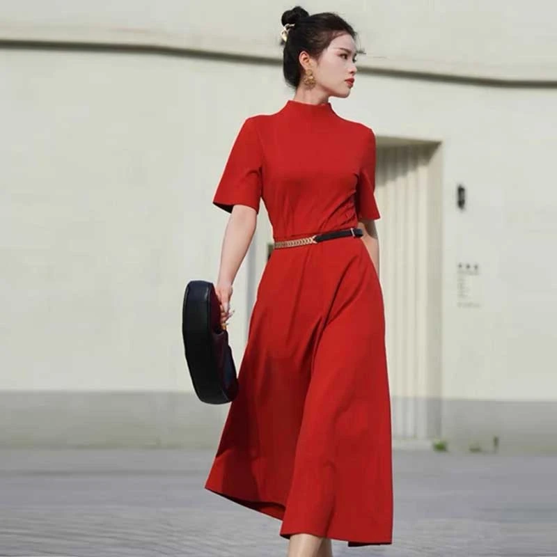 {专柜}商场同款2025春夏中长款百搭半高领拼接短袖连衣裙1500531