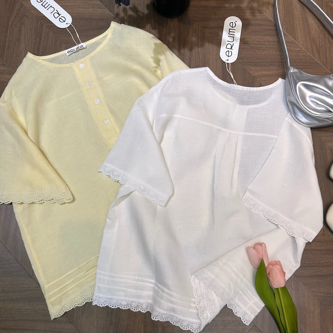 新款韩版简约纯色百搭打褶花边短袖衬衫C25337