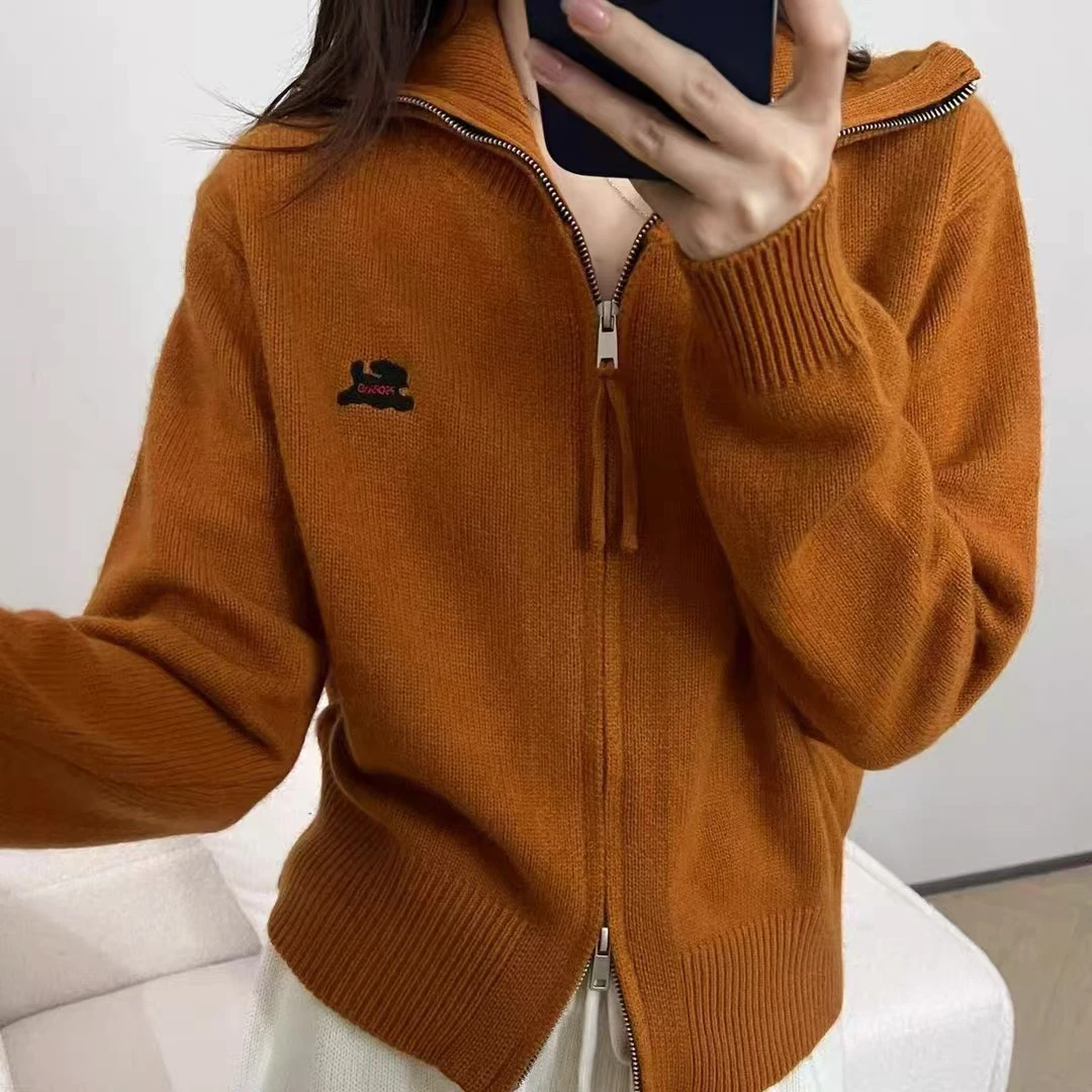 〔大翻领拉链开衫〕【不可机洗】欧站刺绣双拉链纯色立领针织外套
