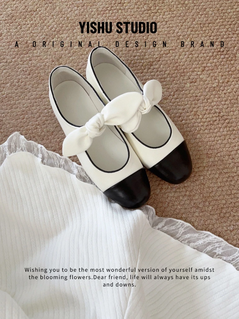 YISHU平底版2025新款小香风圆头蝴蝶结芭蕾单鞋女皮鞋