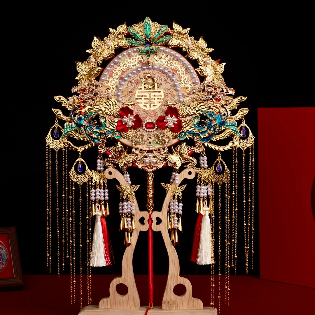 喜扇中式婚礼秀禾团扇结婚新婚手工diy材料包扇子成品结婚喜扇