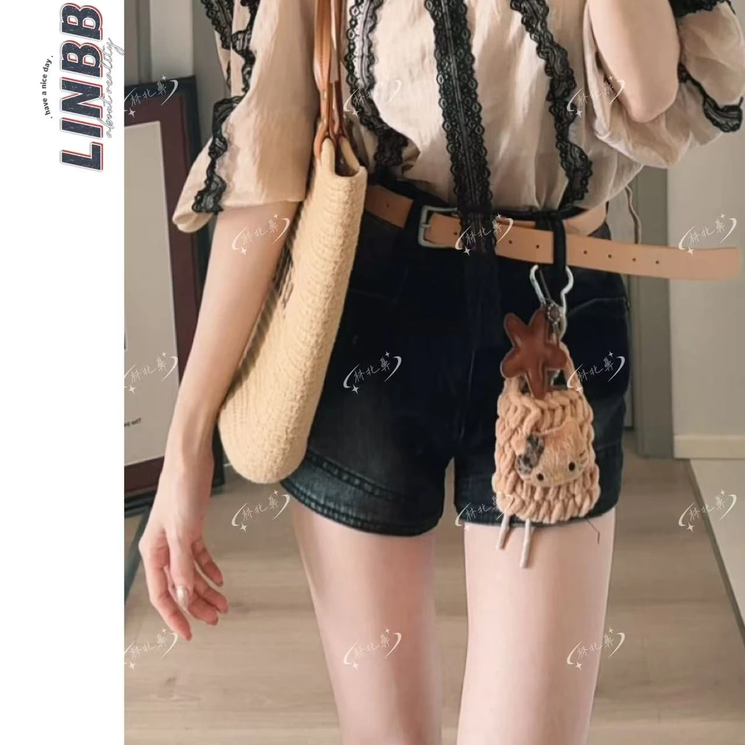 林北鼻-【猫咪短裤】韩单夏日高腰弹力牛仔短裤