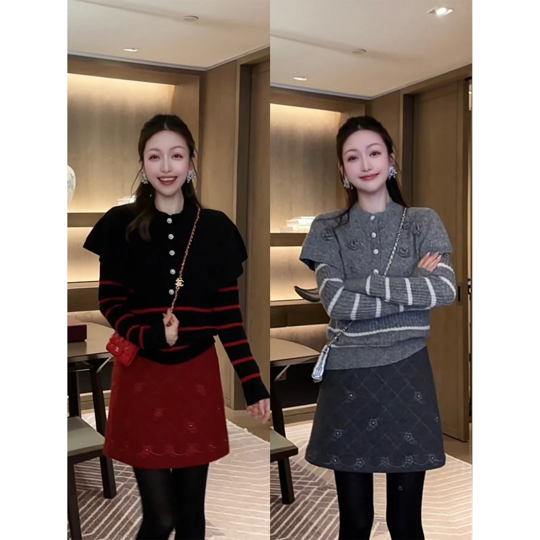 W·HAHA【花团锦簇】立体花朵斗篷＆绵羊毛毛衣针织衫两件套10965