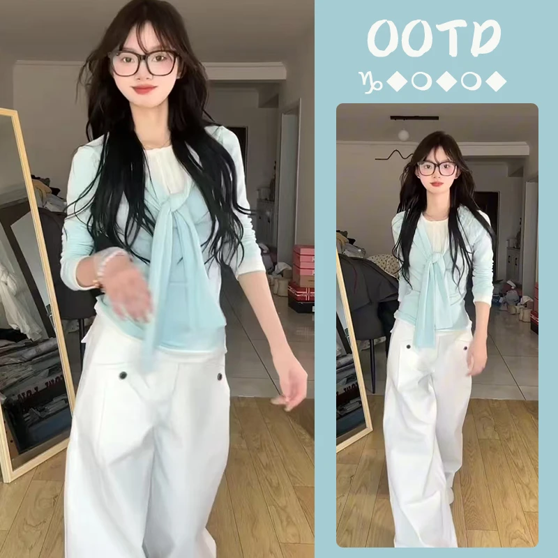 春季新款时尚法式气质长袖显瘦针织上衣高腰百搭休闲阔腿裤子套装