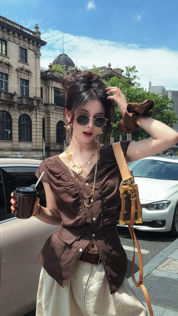 【SISTER】设计感褶皱收腰衬衫小众露肩一字肩短袖宽松显瘦休闲裤