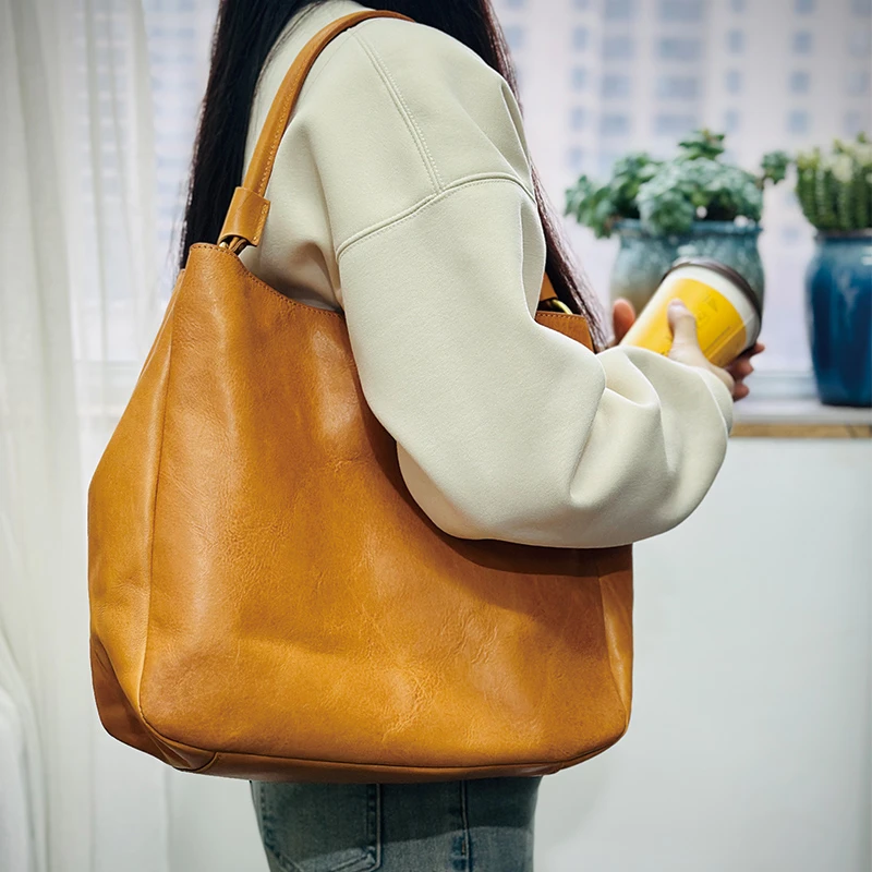 头层牛皮复古手提包大容量女士托特包单肩斜挎包