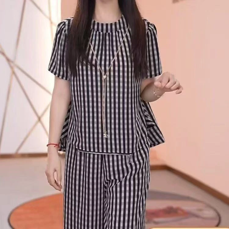 2025年夏季网红新款时尚百搭休闲宽松格子拉链短袖上衣裤子套装女