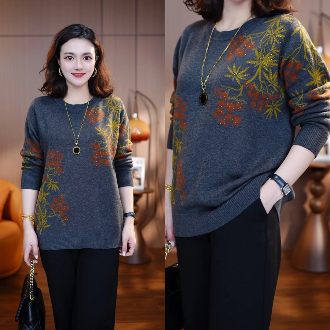 灰染秋影A奶奶装大码圆领针织衫宽松毛衣洋气女冬季显瘦保暖百搭