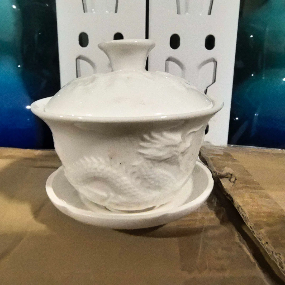 福袋：精美陶瓷白瓷龙纹三才盖碗