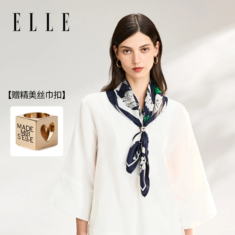 ELLE时尚巴黎印花桑蚕丝方巾春秋女百搭花卉丝巾礼盒装36SE21017