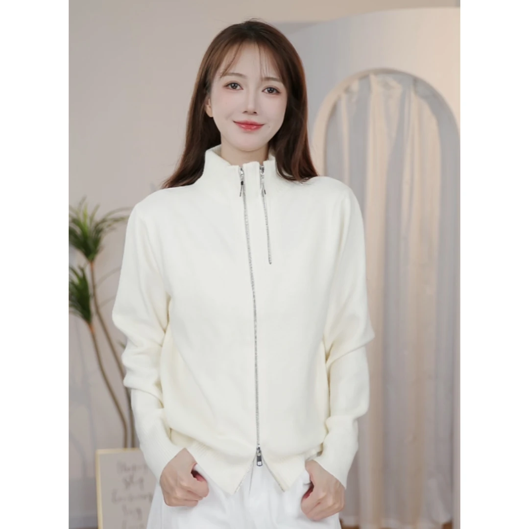 韩系简约风双拉链针织开衫女2025秋冬新款时尚翻领毛衣