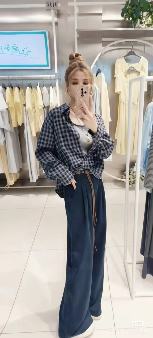秋季单排多扣宽松型长袖衬衫蓝色条纹春款