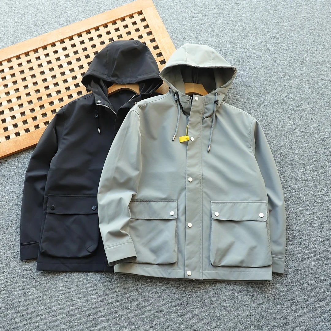 梦泡防风防水透气男女多口袋工装连帽冲锋衣美男加绒男款机车皮衣